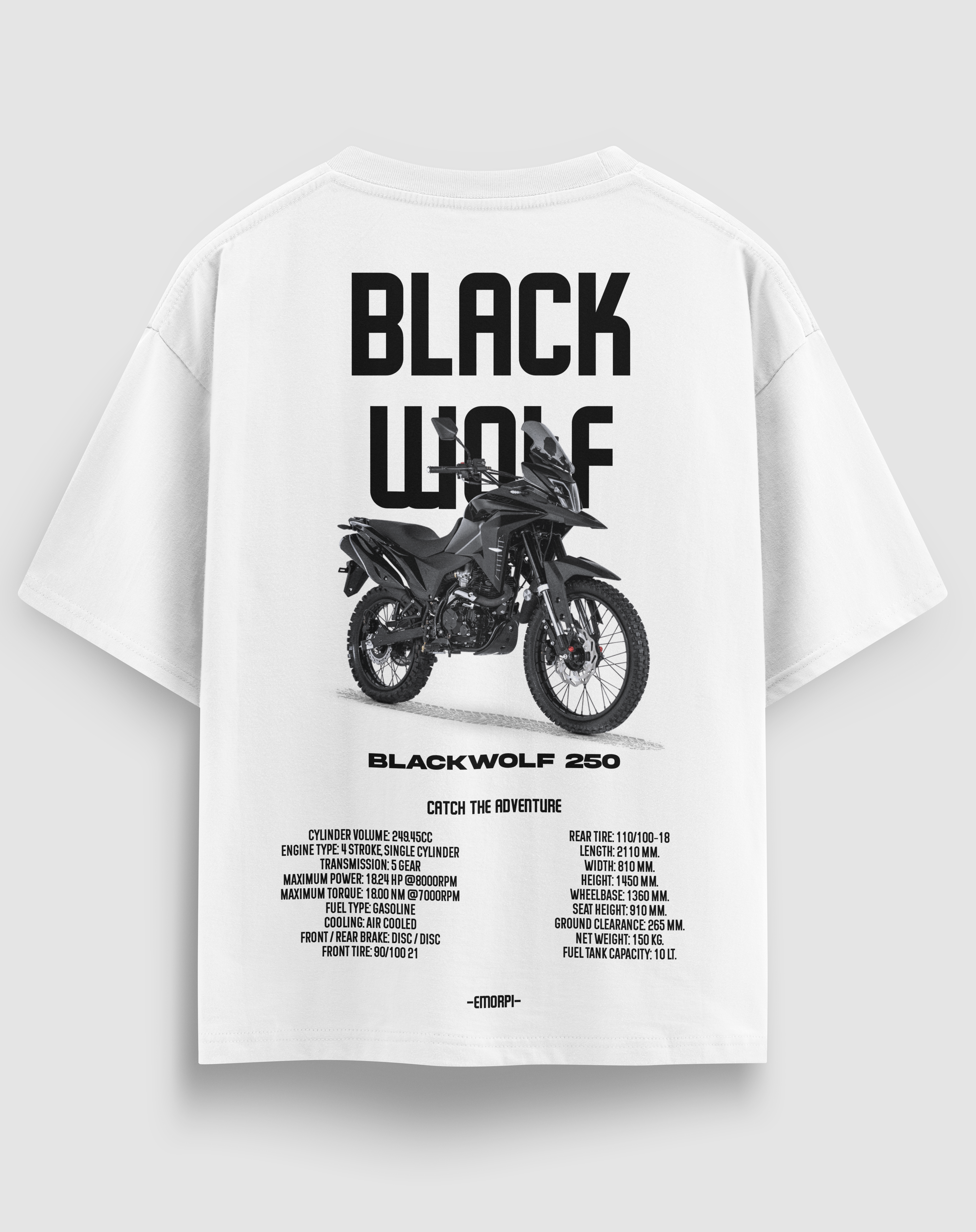 Black Wolf 250 baskılı motorcu tişört, beyaz, arkadan görünüm. Blackwolf 250 çizimli sırt baskısı